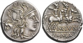 M. Iunius. Denarius 145, AR 4.19 g. Helmeted head of Roma r.; behind, ass’s head and below chin, X. Rev. The Dioscuri galloping r.; below, M·IVNI. In ...