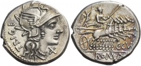 C. Curiatius. Denarius 142, AR 4.21 g. Helmeted head of Roma r.; behind, TRIGE and below chin, X. Rev. Juno, crowned by Victory, in prancing quadriga ...