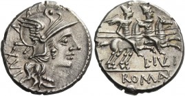 L. Iulius. Denarius 141, AR 3.74 g. Helmeted head of Roma r.; behind, XVI. Rev. The Dioscuri galloping r.; below horses, L·IVLI and ROMA in partial ta...