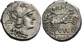 C. Valerius Flaccus. Denarius 140, AR 3.96 g. Helmeted head of Roma r.; behind, XVI (downwards). Rev. FLAC Victory in biga r.; below horses, C·VAL·C·F...