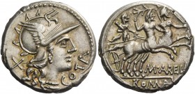 M. Aurelius Cotta. Denarius 140, AR 3.92 g. Helmeted head of Roma r.; behind X and before, COTA. Rev. Hercules in biga of centaurs r., holding reins a...