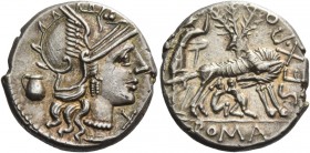 Sex. Pompeius. Denarius 137, AR 3.94 g. Helmeted head of Roma r.; below chin, X. In l. field, jug. Rev. SEX.PO [FOSTLVS] She-wolf suckling twins; behi...