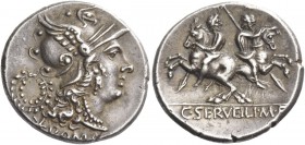 C. Serveilius M. f. Denarius 136, AR 3.91 g. Helmeted head of Roma r.; behind, wreath and mark of value Ú. Below, ROMA. Rev. The Dioscuri galloping ap...