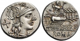L. Trebanius. Denarius 135, AR 3.94 g. Helmeted head of Roma r.; behind, mark of value X. Rev. Jupiter in quadriga r., holding sceptre and hurling thu...