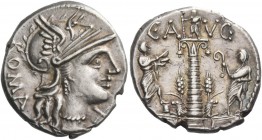 C. Minucius Augurinus. Denarius 135, AR 3.93 g. Helmeted head of Roma r.; below chin, X and behind, ROMA. Rev. C·A – VG Ionic column surmounted by sta...