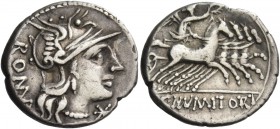 C. Numitorius C. f. Lem. Denarius 133, AR 2.95 g. Helmeted head of Roma r.; behind, ROMA and below chin, Ú. Rev. Victory in prancing quadriga r.; in e...