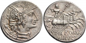 L. Minucius. Denarius 133, AR 3.90 g. Helmeted head of Roma r.; behind, Ú. Rev. Jupiter in prancing quadriga r., hurling thunderbolt and holding scept...