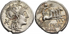 P. Maenius M. f. Antias or Antiaticus. Denarius 132, AR 3.93 g. Helmeted head of Roma r.; behind, Ú. Rev. Victory in prancing quadriga r.; below, P·MA...