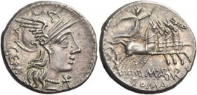 M. Aburius M. f. Gem. Denarius 132, AR 3.95 g. Helmeted head of Roma r.; below chin, Ú and behind, GEM. Rev. Sol in quadriga r., holding whip and rein...