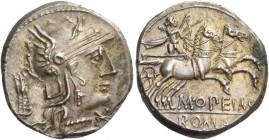 M. Opimius. Denarius 131, AR 3.94 g. Helmeted head of Roma r.; below chin, Û and behind, tripod. Rev. Apollo, with quiver over shoulder, in biga r., h...