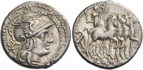 M. Acilius M. f. Denarius 130, AR 3.87 g. M·ACI[LIVS·M·F] within double border of dots, around helmeted head of Roma r.; behind, Ú. Rev. Hercules in q...