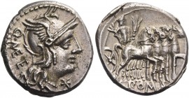 Q. Caecilius Metellus. Denarius 130, AR 3.95 g. Helmeted head of Roma; below chin, Û and behind, Q·METE. Rev. Jupiter in slow quadriga r., holding thu...