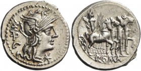 M. Vargunteius. Denarius 130, AR 3.94 g. Helmeted head of Roma r.; behind, M·VARG and below chin, Û. Rev. Jupiter in slow quadriga r., holding thunder...