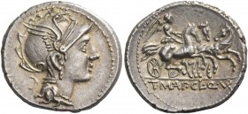 T. Manlius Mancinus, Appius Claudius Pulcher and Q. Urbinius. Denarius 111 or 110, AR 3.90 g. Helmeted head of Roma r.; behind, quadrangular device. R...