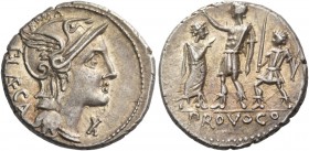P. Porcius Laeca. Denarius circa 110 or 109, AR 3.93 g. Helmeted head of Roma r.; below chin, X. Behind, P·LAECA. Rev. Military governor standing l., ...