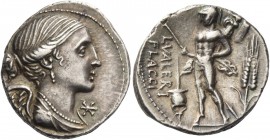 L. Valerius Flacco. Denarius 108 or 107, AR 3.97 g. Draped bust of Victory r.; below chin, Ú. Rev. L•VALERI / FLACCI Mars walking l., holding spear an...