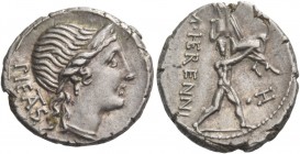 M. Herennius. Denarius 108 or 107, AR 3.97 g. PIETAS Diademed head of Pietas r. Rev. M·HERENNI One of the Catanean brothers running r., carrying his f...