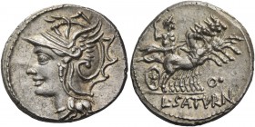 L. Appuleius Saturninus. Denarius 104, AR 3.94 g. Helmeted head of Roma l. Rev. Saturn in quadriga r., holding reins and harpa; below horses, O·. In e...