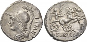 P. Servilius M.f. Rullus. Denarius 100, AR 3.82 g. Helmeted bust of Minerva l.; behind, RVLLI. Rev. Victory, holding palm branch, in prancing biga r.;...