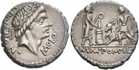 L. Pomponius Molo. Denarius 97, AR 3.95 g. L·POM PON·MOLO Laureate head of Apollo r. Rev. Numa Pompilius holding lituus behind lighted altar to which ...