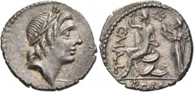 C. Publicius Malleolus. Denarius 96 (?), AR 3.71 g. Laureate head of Apollo r. Rev. C·MALL Roma seated l. on shields, holding sceptre, crowned by Vict...