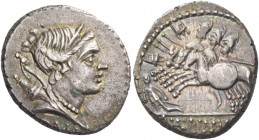 A. Postumius Albinus. Denarius 96 (?), AR 3.95 g. Diademed head of Diana r., bow and quiver on shoulder; below, [ROMA]. Rev. Three horsemen charging l...