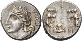 The Bellum Sociale. Denarius, Corfinium circa 90, AR 3.95 g. Laureate head of Italia l.; behind, ITALIA. Rev. Oath-taking scene: Eight soldiers, four ...