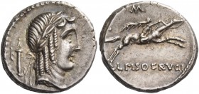 L. Piso Frugi. Denarius 90, AR 3.95 g. Laureate head of Apollo r.; behind, bow and quiver. Rev. Horseman galloping r., holding palm-branch; above, M a...