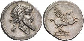 Q. Titius. Denarius 90, AR 3.84 g. Head of Mutinus Titinus r., wearing winged diadem. Rev. Pegasus prancing r.; below, Q·TITI in linear frame. Babelon...