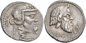 C. Vibius C. f. Pansa. Denarius 90, AR 3.85 g. PANSA Mask of bearded Silenus r.; below, thyrsus tied with fillets. Rev. C·VIBIVS·C·F Mask of bearded P...