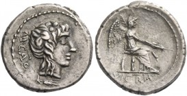 M. Cato. Quinarius 89, AR 2.10 g. M·CATO Ivy-wreathed head of Liber r.; below, corn ear. Rev. Victory seated r., holding patera in r. hand and palm-br...