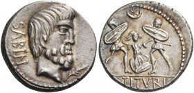 L. Tituri L. f. Sabinus. Denarius 89, AR 4.00 g. SABIN Head of King Tatius r.; below chin, palm. Rev. Tarpeia stands facing between two soldiers, who ...