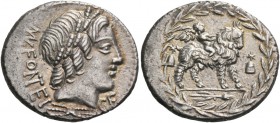 Mn. Fonteius. Denarius 85, AR 3.89 g. MN·FONTEI Laureate head of Apollo r.; below, thunderbolt and below chin, C·F. Rev. Cupid on goat r.; on either s...