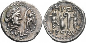 L. Cornelius Sulla. Denarius, mint moving with Sulla 84-83, AR 3.61 g. Diademed head of Venus r.; in r. field, Cupid standing l., holding palm branch;...