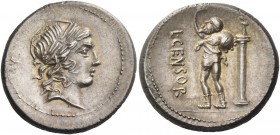 L. Marcius Censorinus. Denarius 82, AR 3.72 g. Laureate head of Apollo r. Rev. L·CENSOR Marsyas walking l. with r. arm raised and holding wine-skin ov...