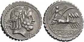 Q. Antonius Balbus. Denarius serratus 83-82, AR 3.97 g. Laureate head of Jupiter r.; behind, S·C and below chin, H·. Rev. Victory in quadriga r., hold...