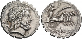 Q. Antonius Balbus. Denarius serratus 83-82, AR 3.91 g. Laureate head of Jupiter r.; behind, S·C. Rev. Victory in quadriga r., holding reins and palm-...
