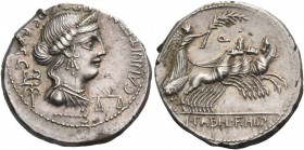 C. Annius T. f. T. n. Pro Cos. Denarius, North-Italy 82-81, AR 3.82 g. C·ANNI·T·F·T·N· [PRO·C] OS·EX ·S·C Diademed and draped female bust r.; behind, ...