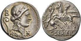 C. Servilus Vatia. Denarius 82-80, AR 3.92 g. Laureate head of Apollo r.; behind, lituus and B, below chin, Ú. Below neck truncation, ROMA. Rev. Horse...