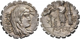 A. Postumius Albinus. Denarius serratus 81, AR 4.03 g. HISPAN Veiled head of Hispania r. Rev. A – POST·A·F – ·S·N – ALBIN Togate figure standing l., r...