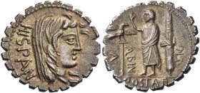 A. Postumius Albinus. Denarius serratus 81, AR 3.86 g. HISPAN Veiled head of Hispania r. Rev. A – POST·A·F – ·S·N – ALBIN Togate figure standing l., r...