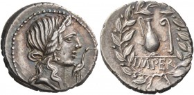 Q. Caecilius Metellus Pius. Denarius 81, AR 3.91 g. Diademed head of Pietas r.; before, stork. Rev. Jug and lituus; in exergue, IMPER. All within wrea...