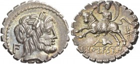 L. Volteius L. f. Strabo. Denarius serratus 81, AR 3.89 g. Laureate head of Jupiter r.; behind, F. Rev. Europa seated on bull charging l.; behind, win...