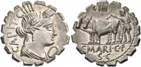 C. Marius C. f. Capito. Denarius serratus 81, AR 3.97 g. Bust of Ceres r.; behind, CAPIT·CIIII. Below chin, torque. Rev. Ploughman with a yoke of oxen...