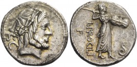 L. Procilius. Denarius 80, AR 3.89 g. Laureate head of Jupiter r.; behind, S·C. Rev. L·PROCILI / F Juno Sospita standing r., holding shield and hurlin...