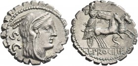 L. Procilius. Denarius 80, AR 3.96 g. Head of Juno Sospita r.; behind, S·C. Rev. Juno Sospita in prancing biga r., holding shield and hurling spear; b...