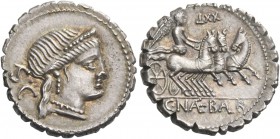 C. Naevius Balbus. Denarius serratus 80, AR 4.07 g. Diademed head of Venus r.; behind, S·C. Rev. Victory in prancing triga r.; above, TXX and in exerg...