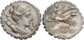 Ti. Claudius Nero. Denarius serratus 79, AR 3.97 g. Draped bust of Diana r., with bow and quiver over shoulder; before chin, S.C. Rev. Victory in pran...