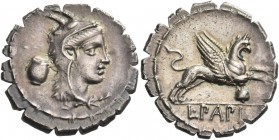 L. Papius. Denarius serratus 79, AR 3.84 g. Head of Juno Sospita r.; behind, dolium. Rev. Gryphon leaping r.; below, hydria. In exergue, L·PAPI. Babel...
