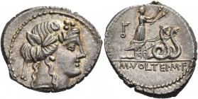 M. Volteius M.f. Denarius 78, AR 3.84 g. Head of Liber r., wearing ivy-wreath. Rev. Ceres in biga of snakes r., holding torch in each hand; behind, ly...